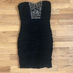 2b Bebe Strapless Ruched Black Studded Dress Sz S
